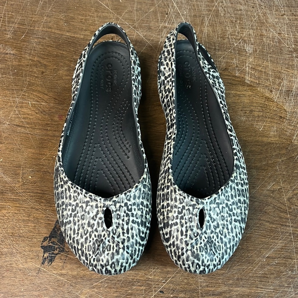 Crocs Gray Black Animal Print Slingback Flats- 7